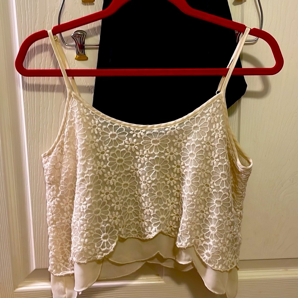Double ZERO small 17” chest double layered lace cream colored cropped top